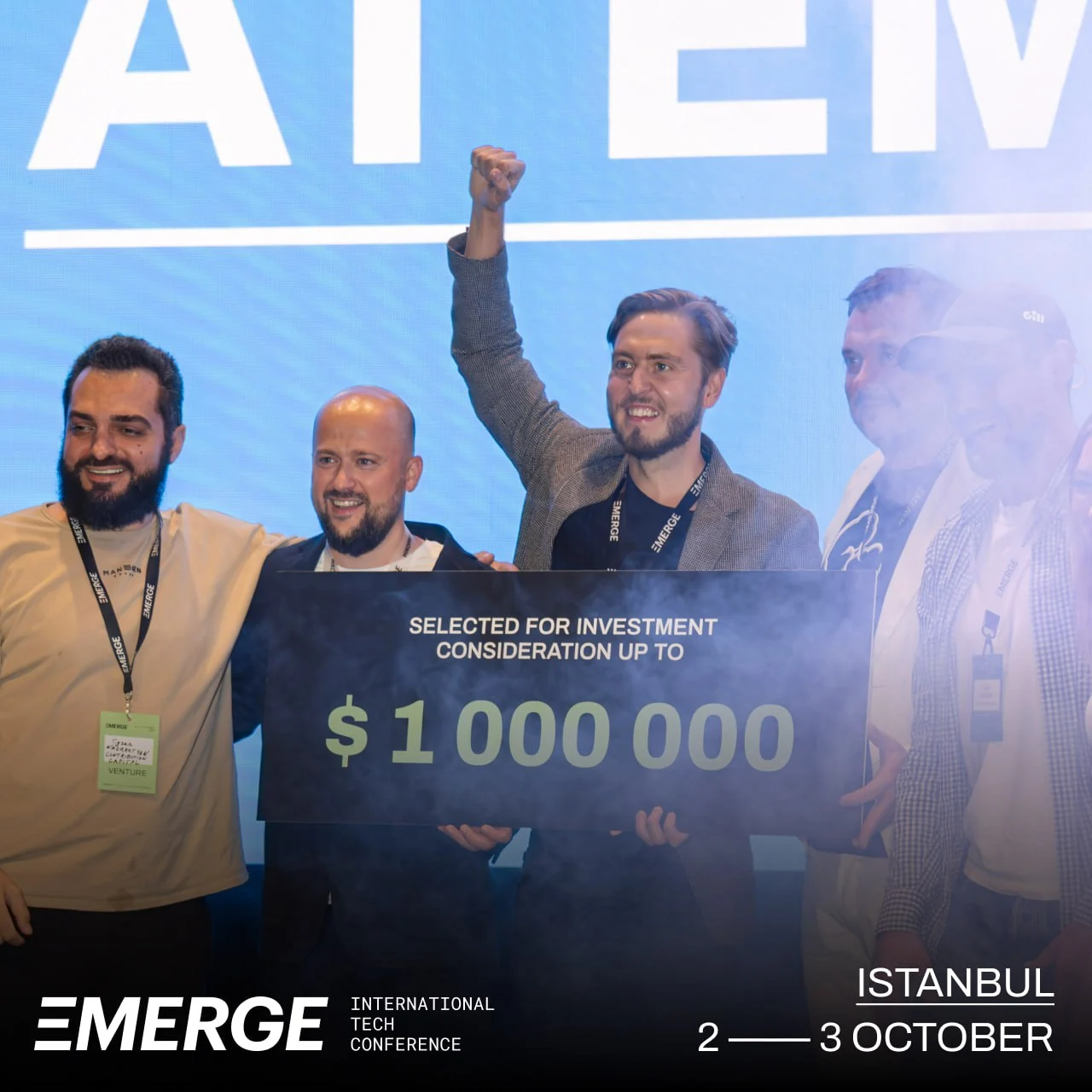 Mike celebrating on stage with the EMERGE winners in Istanbul